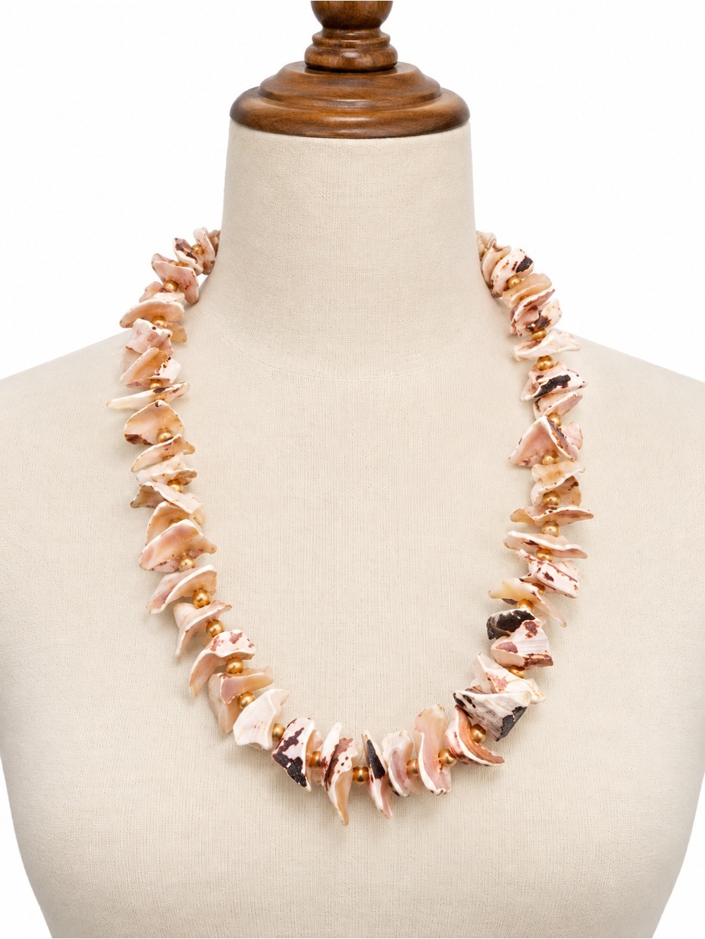 Source Unknown Beige and Cream Shell Necklace with Gold Bead Accents